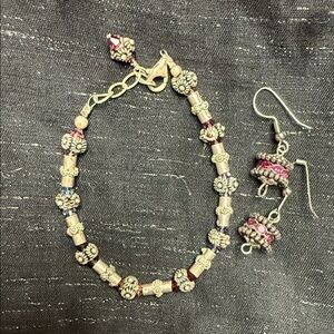 Elegant Silver and Red Beaded Bracelet/Earring Set